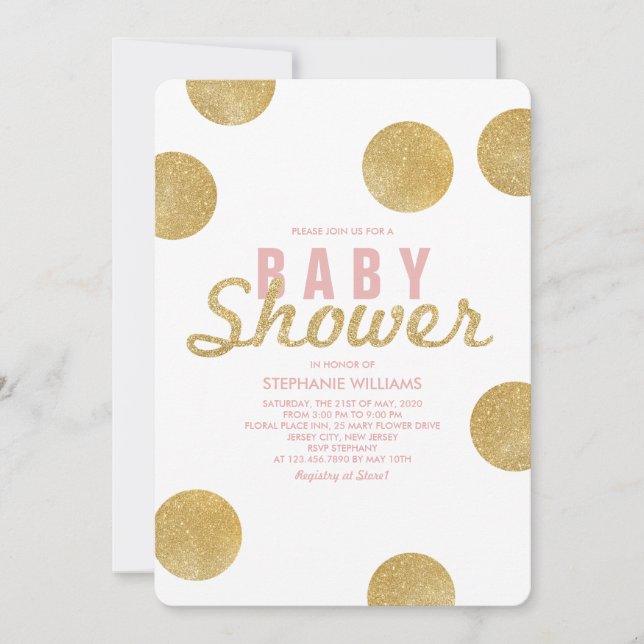 Faux Gold Glitter White Pink Baby Shower Invite (Front)