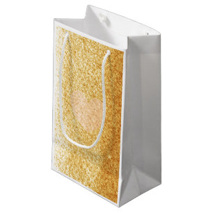 Faux Gold Glitter With Heart Small Gift Bag