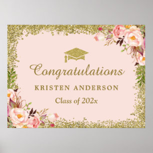 Faux Gold Glitters Blush Pink Floral Graduation Poster