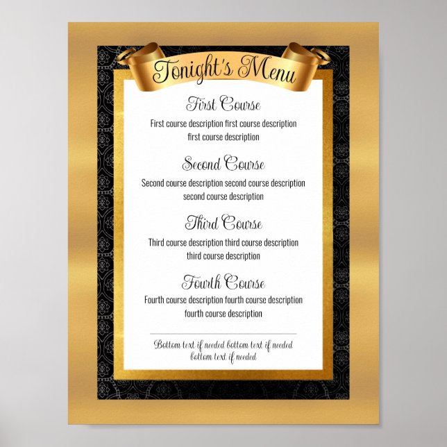 Faux gold gourmet dinner party catering menu poster (Front)
