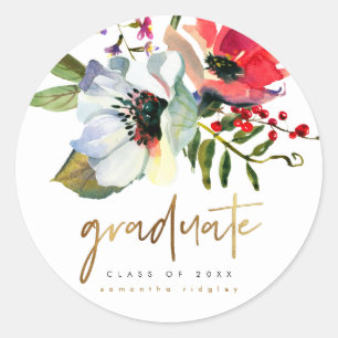Faux Gold Graduate Typography and Name Floral Classic Round Sticker