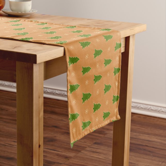 Faux Gold Green Beige Christmas Trees Pattern Short Table Runner (In Situ)