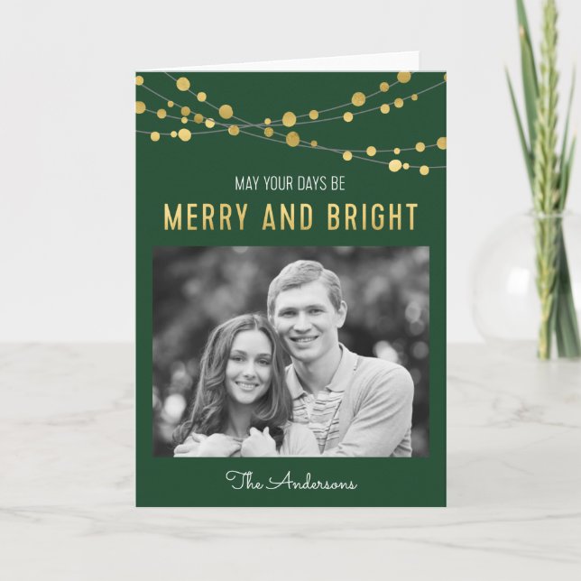 Faux Gold Green Merry & Bright Lights Photo Holiday Card (Front)