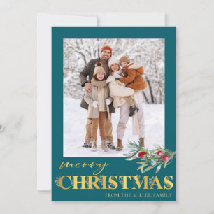 Faux Gold Green Merry Christmas Holiday Photo Card