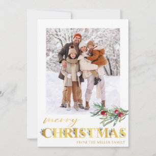 Faux Gold Green Merry Christmas Holiday Photo Card