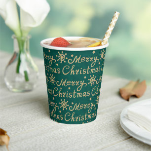 Faux Gold & Green Merry Christmas Lettering Paper Cups