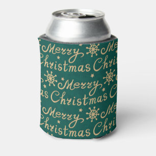 Faux Gold Green Merry Christmas Lettering Pattern Can Cooler