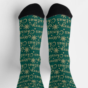 Faux Gold & Green Merry Christmas Lettering Socks