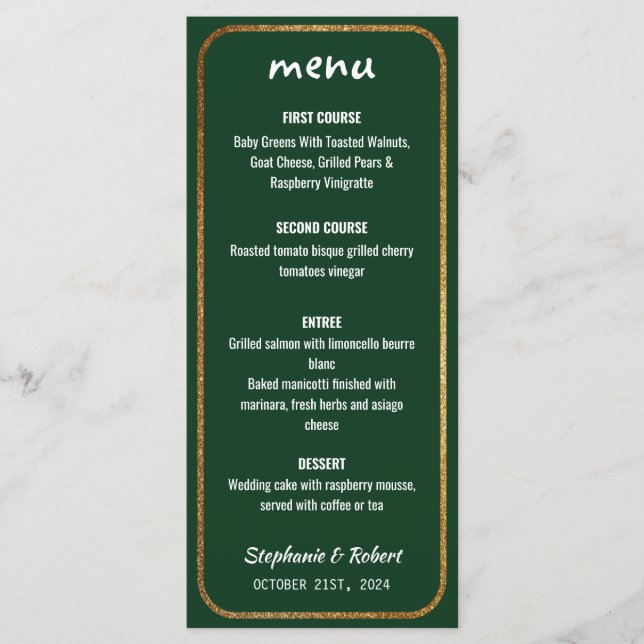 Faux Gold Green Modern Elegant Wedding Menu (Front)