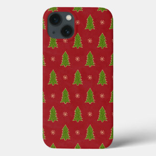 Faux Gold Green Red Christmas Trees Pattern iPhone 13 Case
