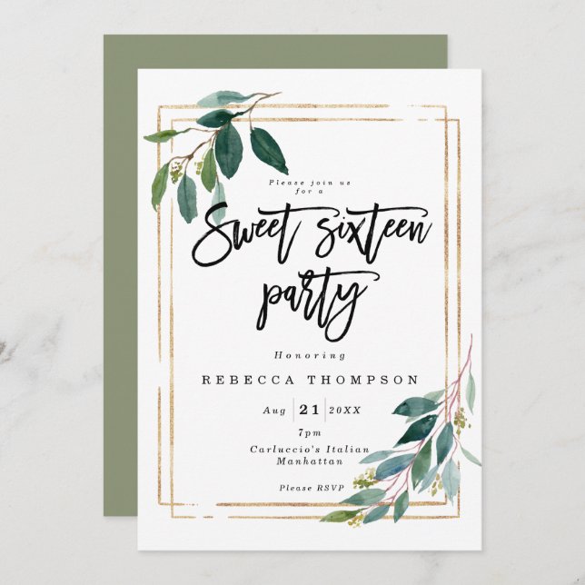 faux gold greenery geometric modern sweet 16 invitation (Front/Back)
