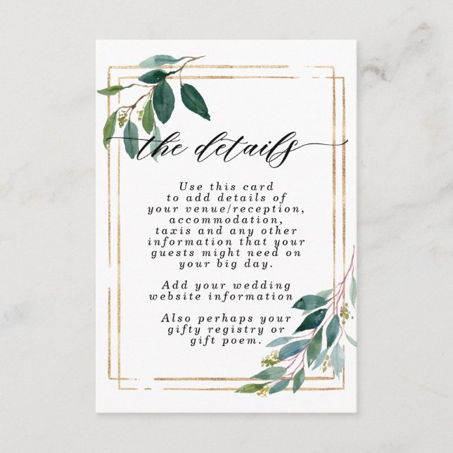 faux gold greenery wedding information card (Front)