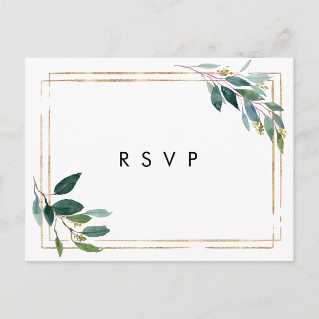 faux gold greenery wedding rsvp postcard (Front)