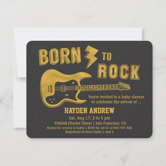 Faux Gold Guitar Rockstar Baby Shower invitations (Front)