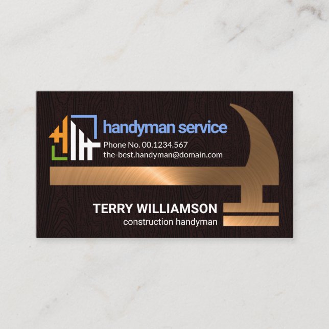 Faux Gold Hammer Timber Grunge Builder Handyman Business Card (Front)
