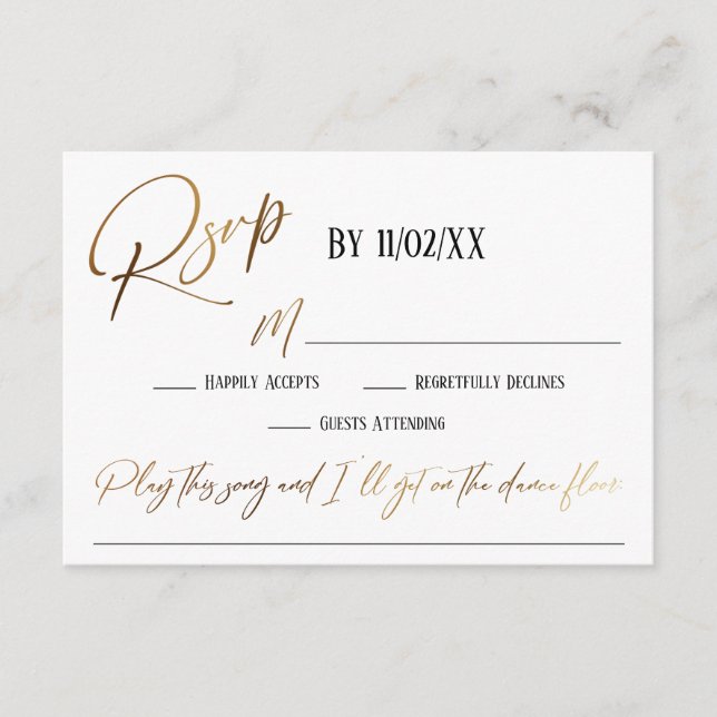 Faux Gold Handwriting Elegant RSVP Song Request Enclosure Card (Front)