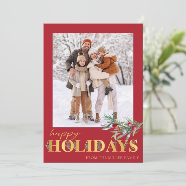 Faux Gold Happy Holidays Holiday Photo Card (Standing Front)