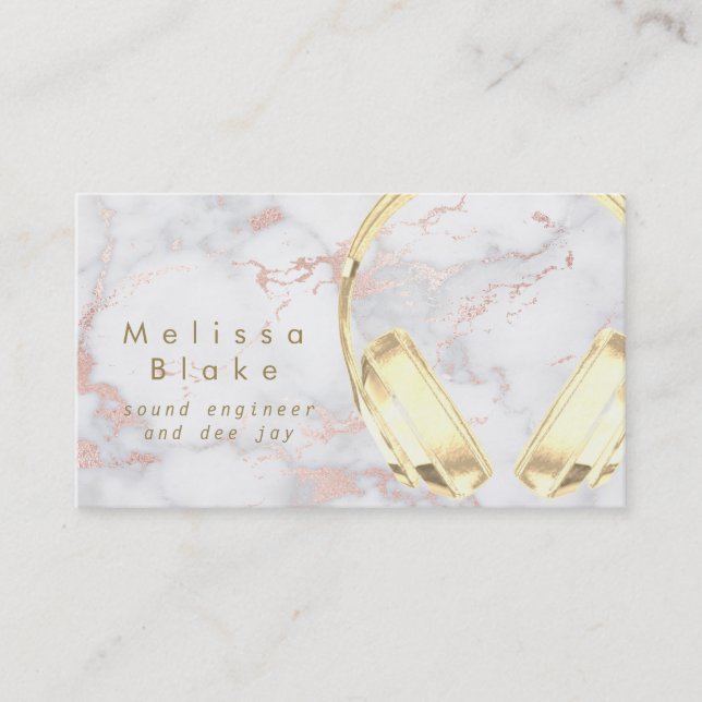 faux gold headphones on pink marble business card (Front)