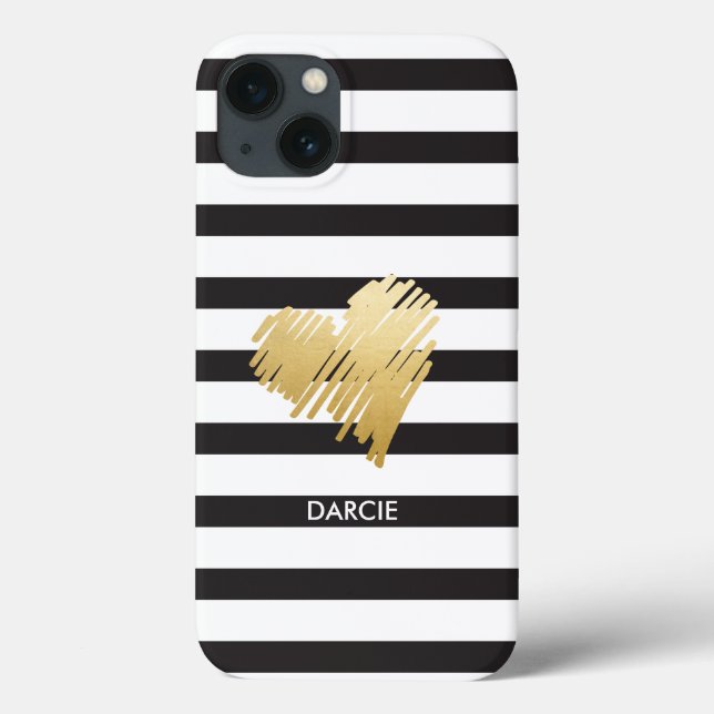 Faux Gold Heart Black White Striped Personalised Case-Mate iPhone Case (Back)