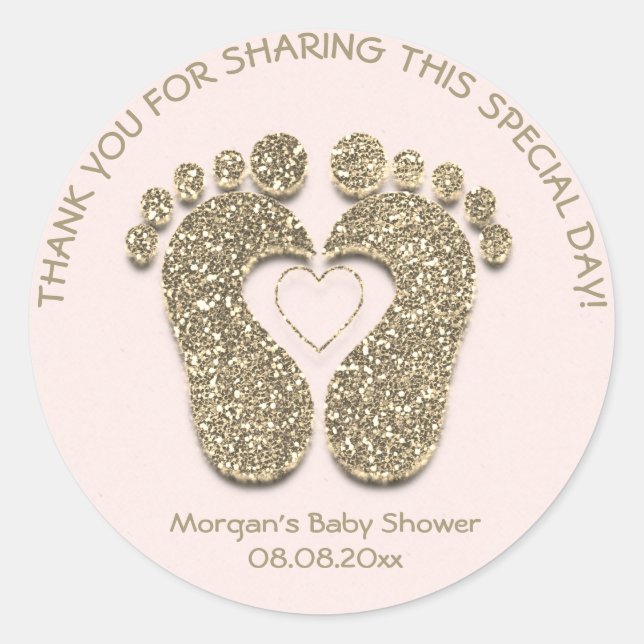 Faux Gold Heart Feet Baby Shower Favour Thank Pink Classic Round Sticker (Front)