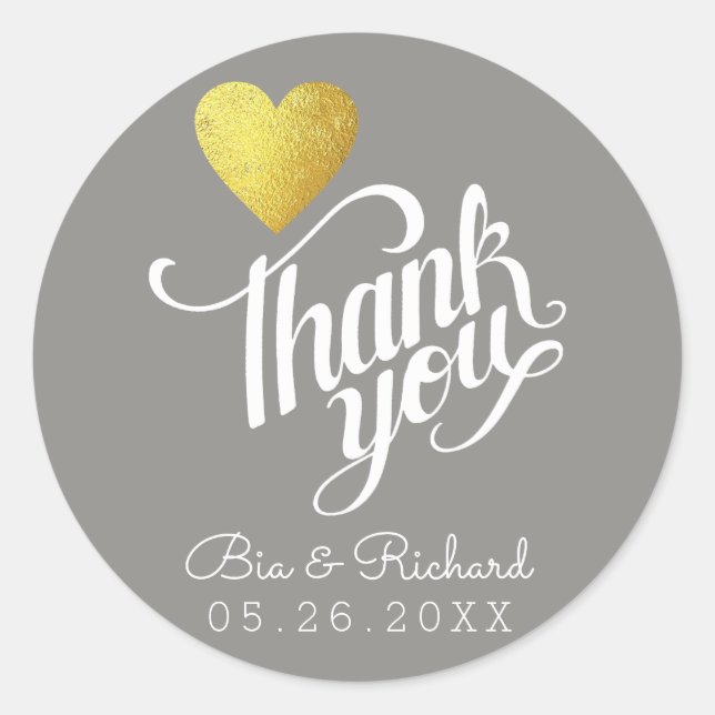faux gold heart of love, 'thank you' grey wed classic round sticker (Front)
