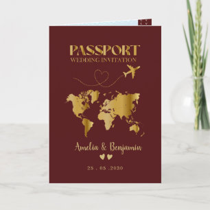 Faux Gold Heart Passport Destination Wedding Invitation