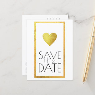 Faux Gold Heart Save-The-Date white Announcement Postcard