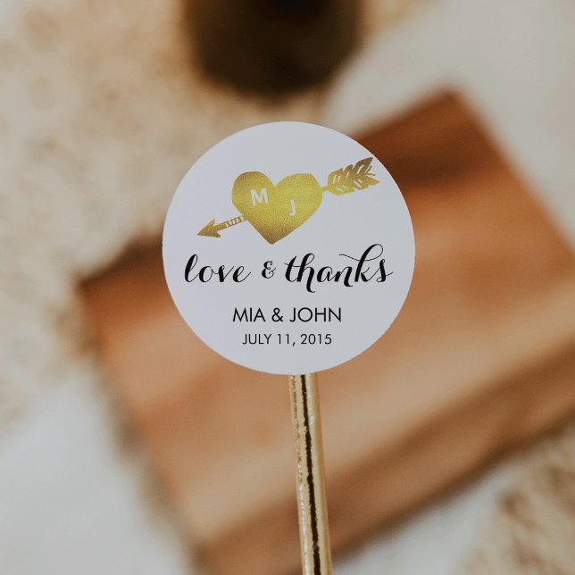 Faux Gold Heart Thank You Monogram Wedding Favour Classic Round Sticker (Creator Uploaded)