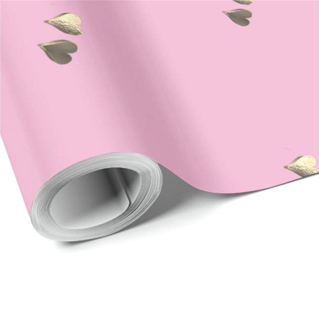 Faux Gold Hearts Romantic Valentine Pink Wrapping Paper (Roll Corner)