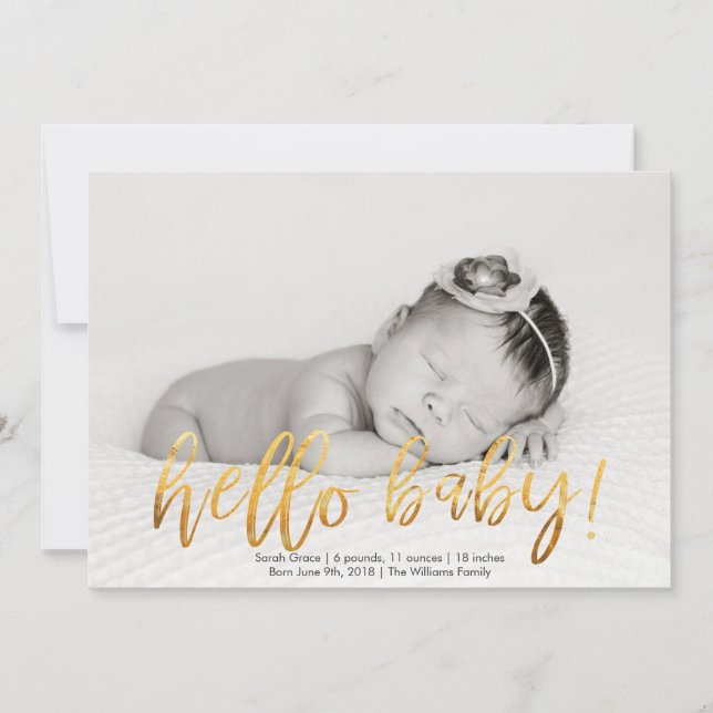 Faux Gold Hello Baby! Photo Birth Announcement (Front)