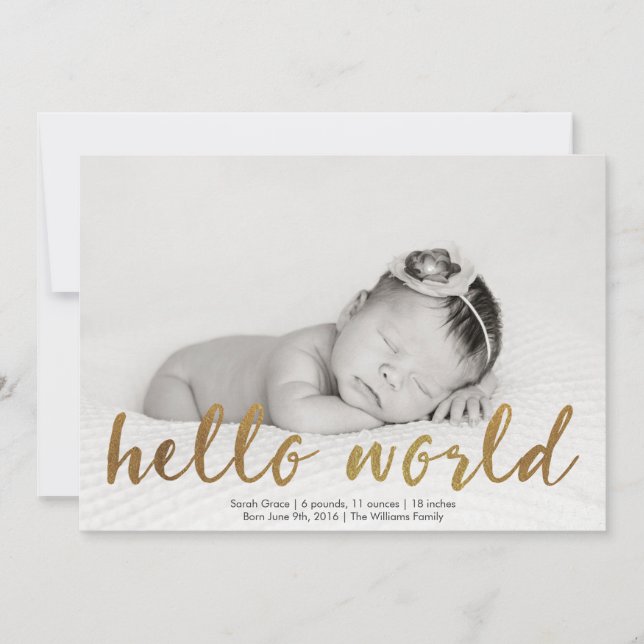Faux Gold Hello World Photo Birth Announcement (Front)