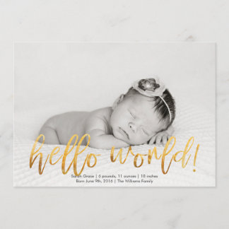 Faux Gold Hello World Photo Birth Announcement
