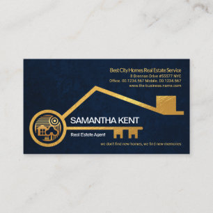 Faux Gold Home Key Blue Grunge Texture Real Estate Business Card