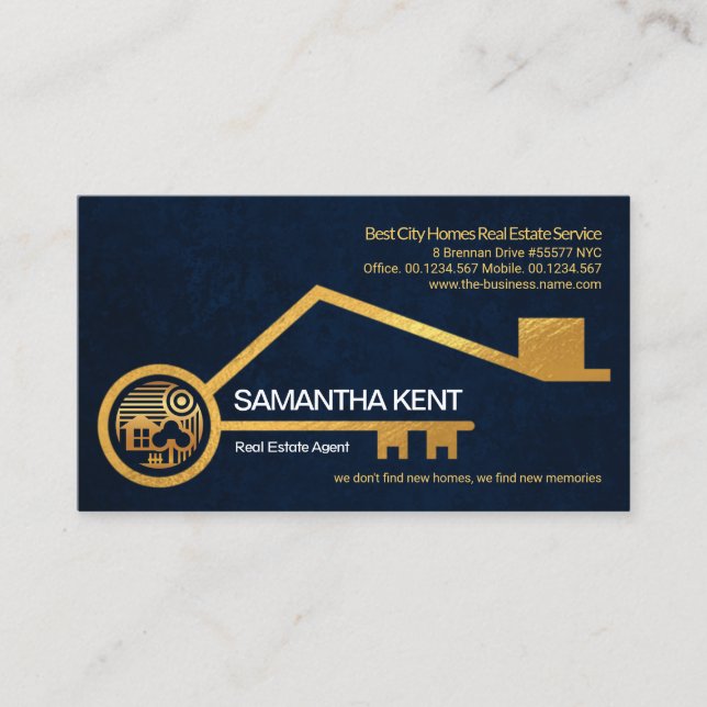 Faux Gold Home Key Blue Grunge Texture Real Estate Business Card (Front)