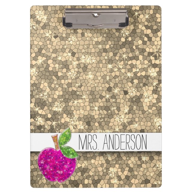 Faux Gold Hot Pink Teachers Apple Classroom Name Clipboard (Front)