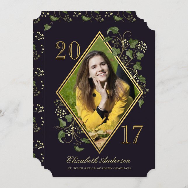 Faux Gold Ivy League Grad Photo Invitation II (Front/Back)