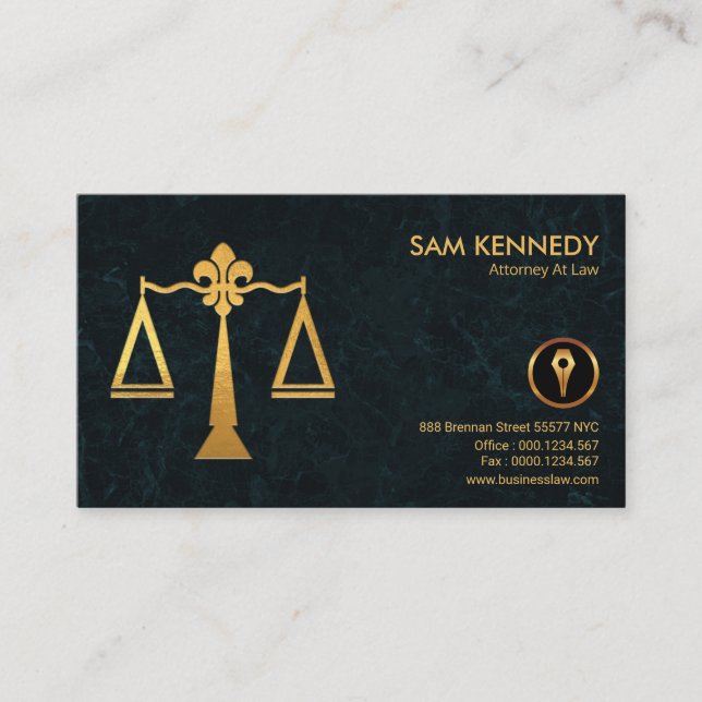 Faux Gold Justice Scales Elegant Grunge Lawyer Business Card (Front)