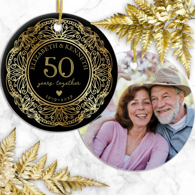 Faux Gold Lace Frame 50th Wedding Anniversary Ceramic Tree Decoration (Creator Uploaded)