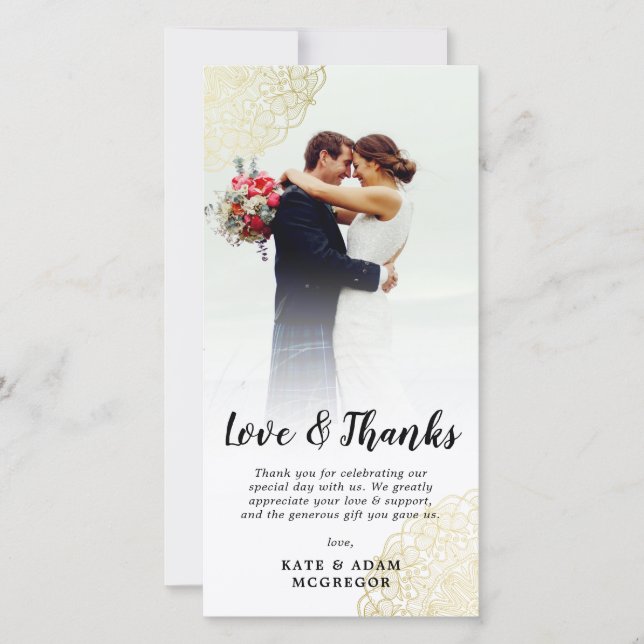 Faux Gold Lace Wedding Photo Thank You (Front)