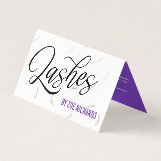 Faux Gold Lashes Purple Lash Artist Aftercare Business Card (Front)