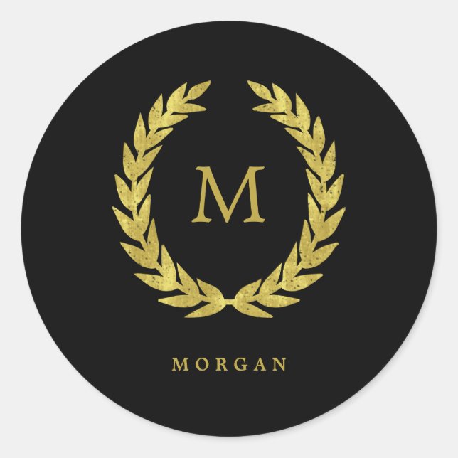Faux Gold Laurel Wreath on Black with Monogram Classic Round Sticker (Front)