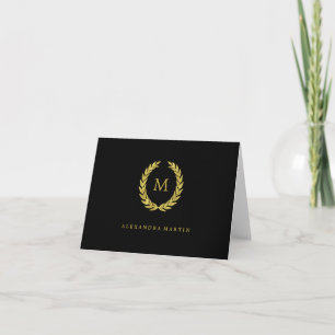 Faux Gold Laurel Wreath on Black with Monogram Note Card
