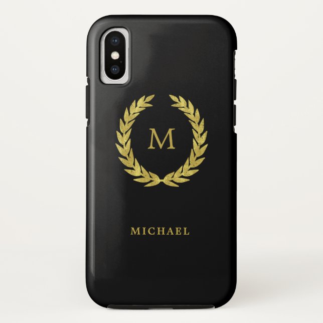Faux Gold Laurel Wreath with Monogram on Black Case-Mate iPhone Case (Back)