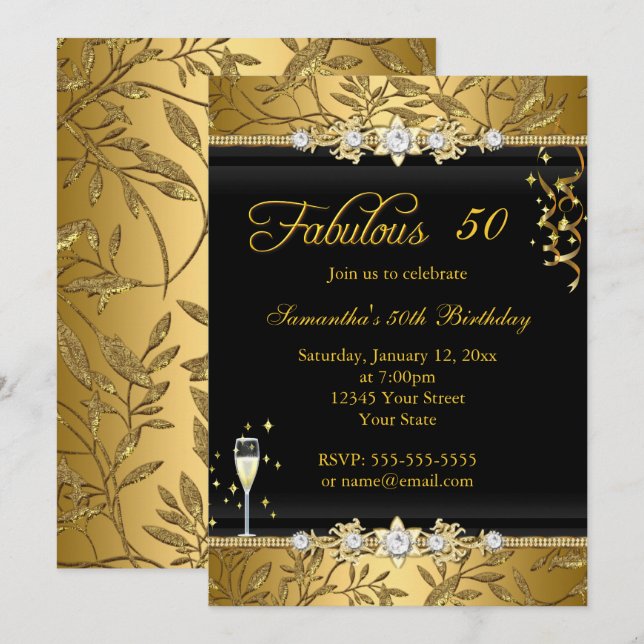 Faux Gold Leaf 50 Fabulous Birthday party Black Invitation (Front/Back)