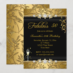 Faux Gold Leaf 50 Fabulous Birthday party Black Invitation