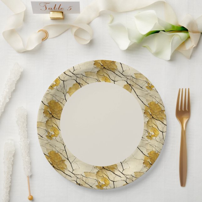 Faux Gold Leaf Border Paper Plate (Wedding)