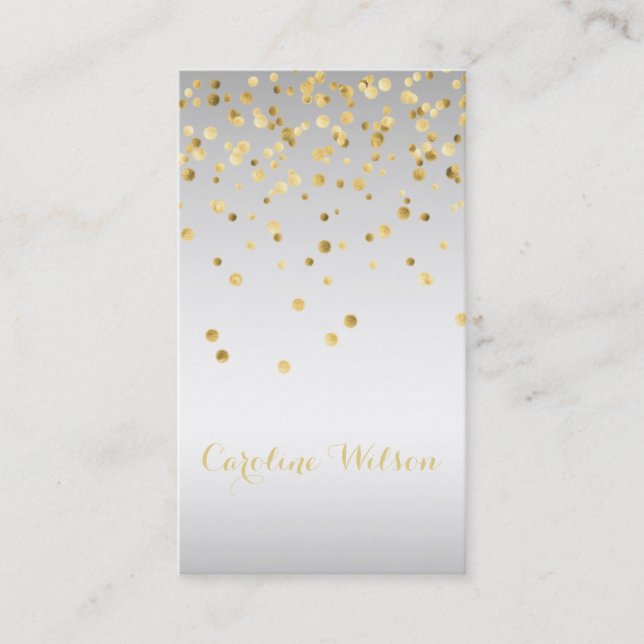 faux gold leaf confetti dots on silver grey metal business card (Front)
