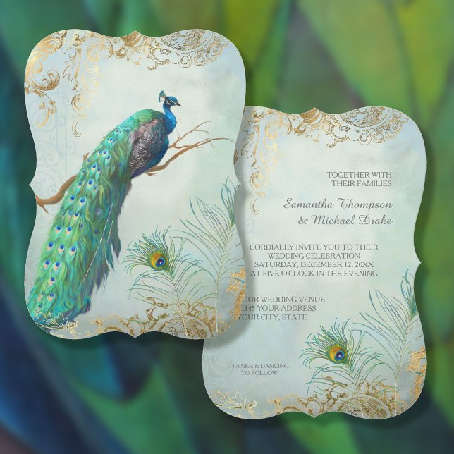 Faux Gold Leaf Peacock Feathers Elegant Wedding Invitation (Creator Uploaded)