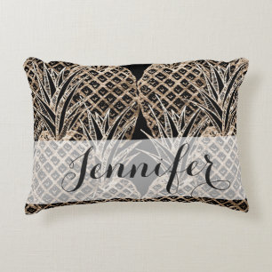 Faux Gold Leaf Pineapple Collage Monogram Decorative Cushion