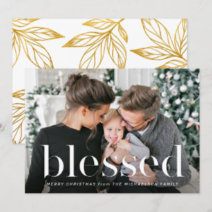 Faux Gold Leafy Print Photo Blessed Christmas Invitation